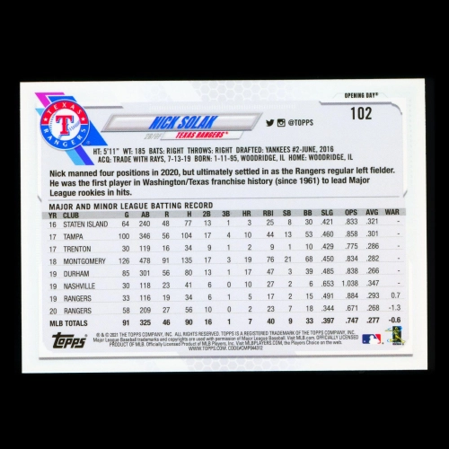 Nick Solak 2021 Topps Opening Day Future Stars Rangers