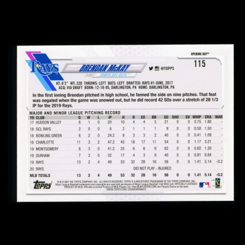 Brendan McKay 2021 Topps Opening Day Future Stars Rays