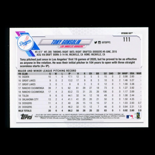 Tony Gonsolin 2021 Topps Opening Day All-Star Rookie Dodgers