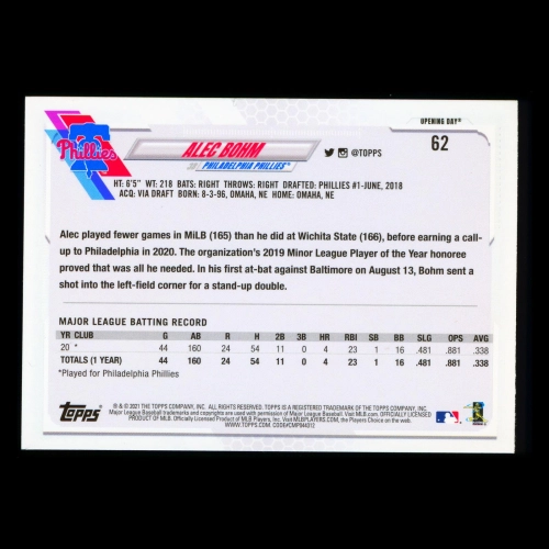 Alec Bohm RC 2021 Topps Opening Day All-Star Rookie Phillies