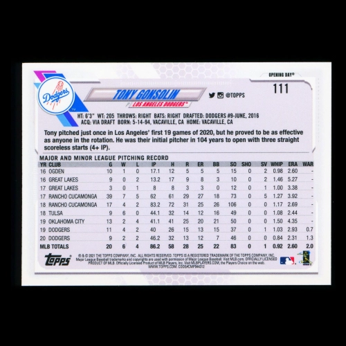 Tony Gonsolin 2021 Topps Opening Day All-Star Rookie Dodgers