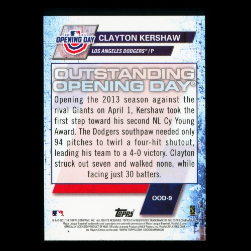 Clayton Kershaw 2021 Topps Opening Day 2013 Dodgers