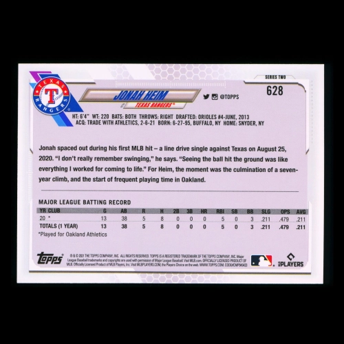 Jonah Heim RC Topps 2021 Rookie Rangers