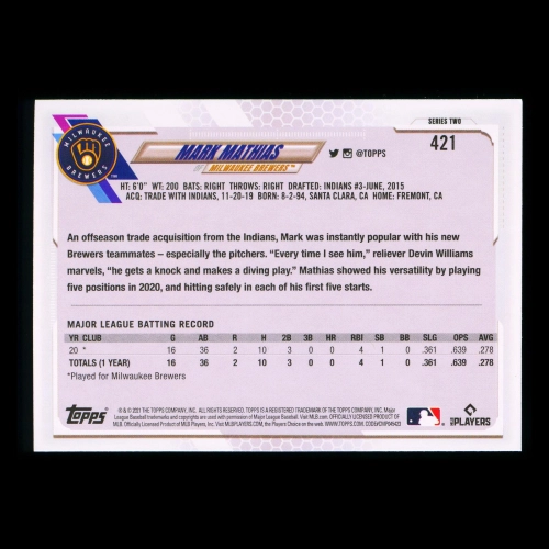Mark Mathias RC Topps 2021 Rookie Brewers