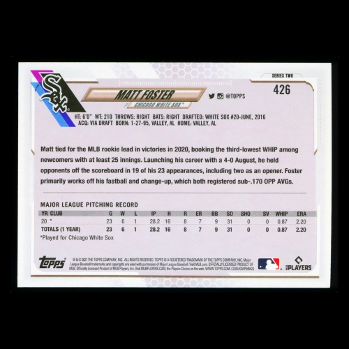 Matt Foster RC Topps 2021 Rookie White Sox