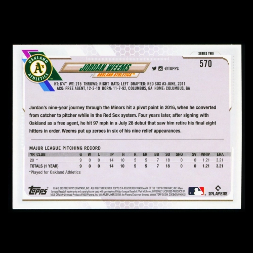 Jordan Weems RC Topps 2021 Rookie Athletics