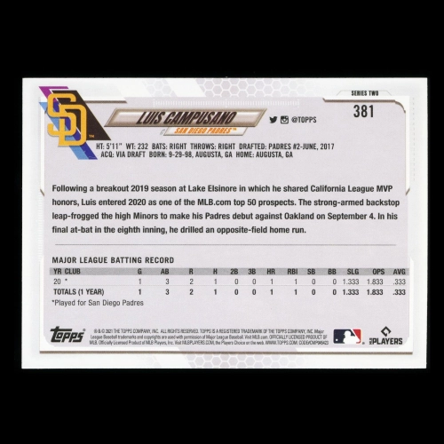 Luis Campusano RC Topps 2021 Rookie Padres
