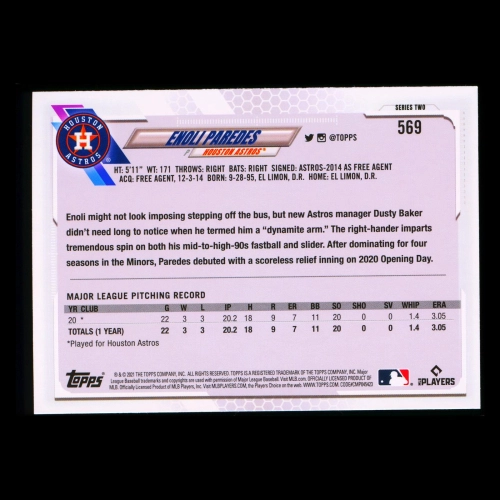 Enoli Paredes RC Topps 2021 Rookie Astros