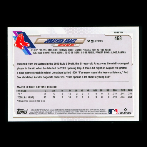 Jonathan Arauz RC Topps 2021 Rookie Red Sox