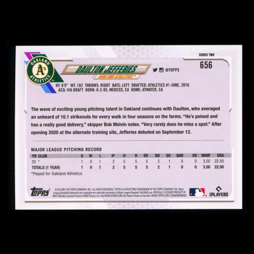 Daulton Jefferies RC Topps 2021 Rookie Athletics