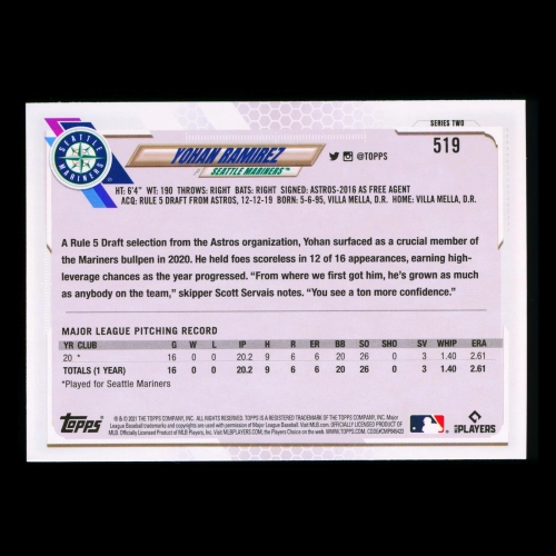 Yohan Ramirez RC Topps 2021 Rookie Mariners