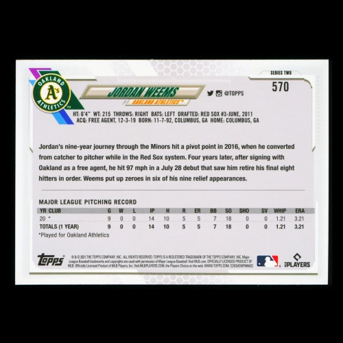 Jordan Weems RC Topps 2021 Rookie Athletics