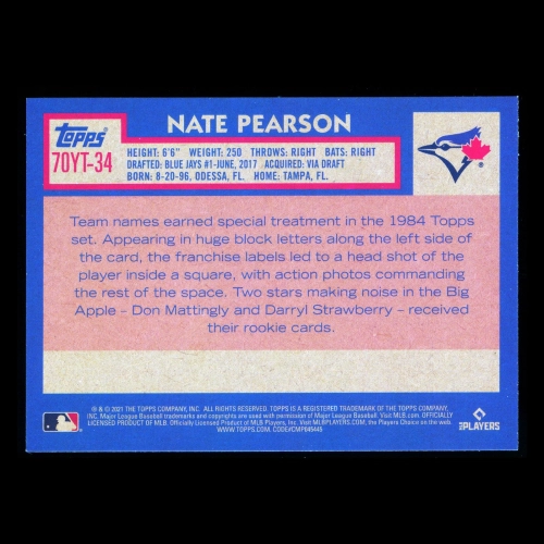 Nate Pearson RC 2021 Topps 70 Years of Topps Rookie Blue Jays
