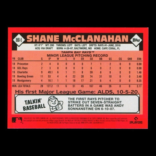 Shane McClanahan RC 2021 Topps 1986 Retro Rookie Rays