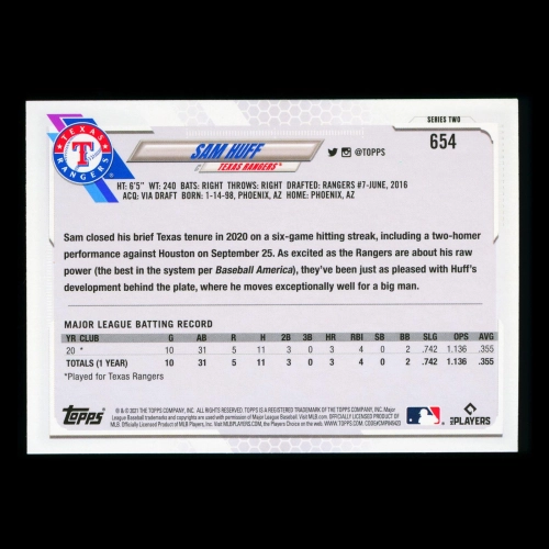 Sam Huff RC Topps 2021 Rainbow Foil Rookie Rangers