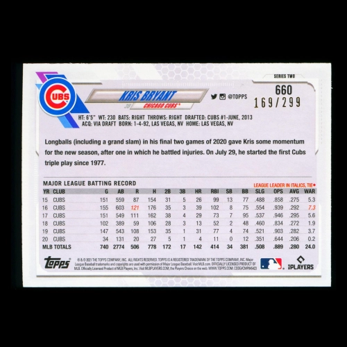 Kris Bryant Topps 2021 Orange Foil Cubs 169/299