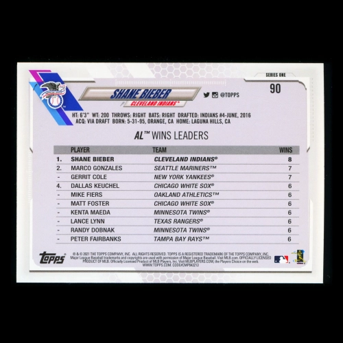 Shane Bieber 2021 Topps League Leaders Indians