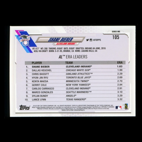 Shane Bieber 2021 Topps League Leaders Indians