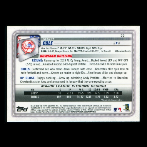 Gerrit Cole 2020 Bowman Chrome Yankees