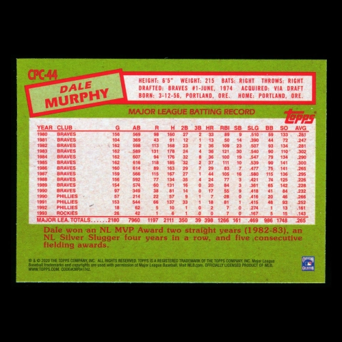 Dale Murphy 2020 Topps 1985 Retro Silver Pack Chrome Braves