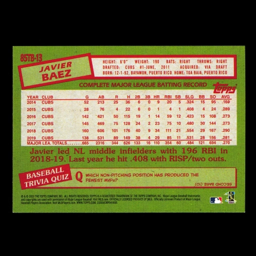 Javier Baez 2020 Topps 1985 Retro Cubs