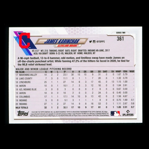 James Karinchak 2021 Topps Opening Day Future Stars Indians