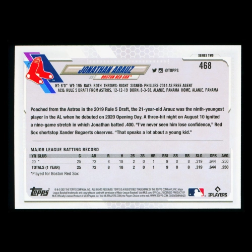 Jonathan Arauz RC Topps 2021 Rookie Red Sox