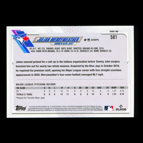 Julian Merryweather RC Topps 2021 Rookie Blue Jays