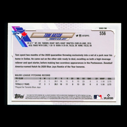 Tom Hatch RC Topps 2021 Rookie Blue Jays