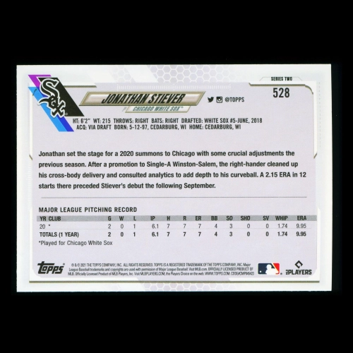 Jonathan Stiever RC Topps 2021 Rookie White Sox