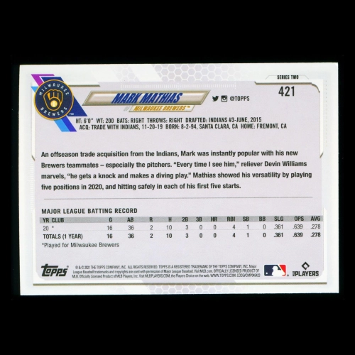 Mark Mathias RC Topps 2021 Rookie Brewers