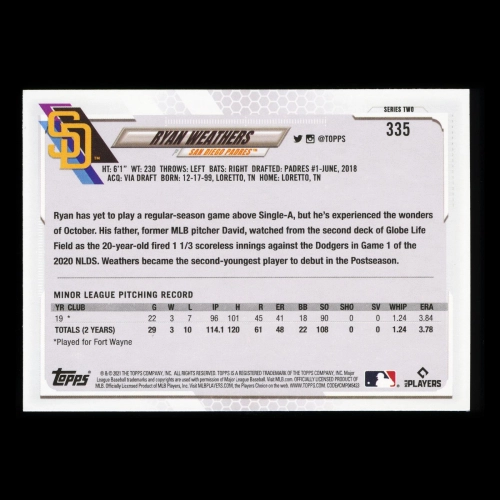 Ryan Weathers RC Topps 2021 Rookie Padres