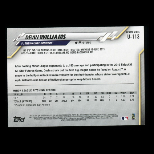 Devin Williams RC 2020 Topps Rookie Brewers