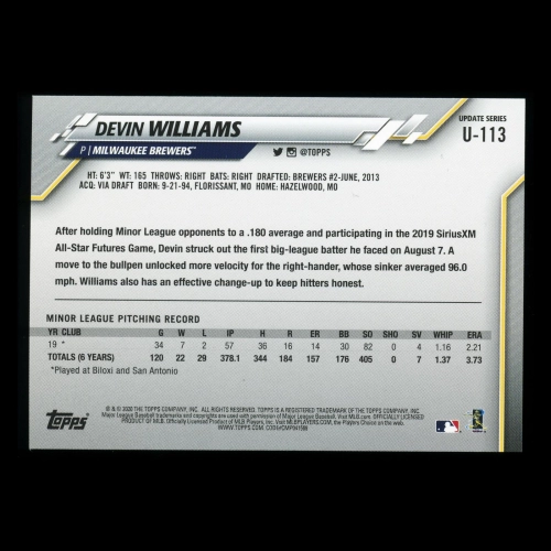 Devin Williams RC 2020 Topps Rookie Brewers