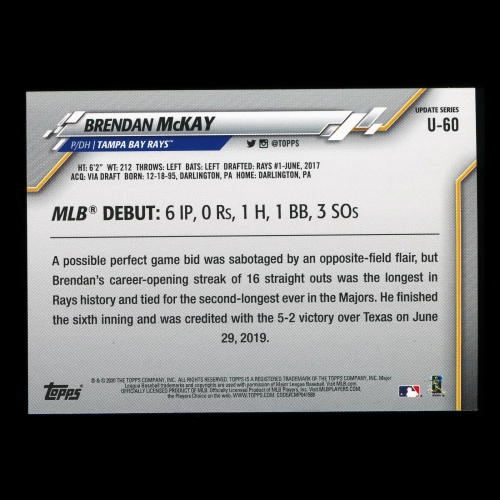 Brendan McKay RC 2020 Topps Rookie Rays