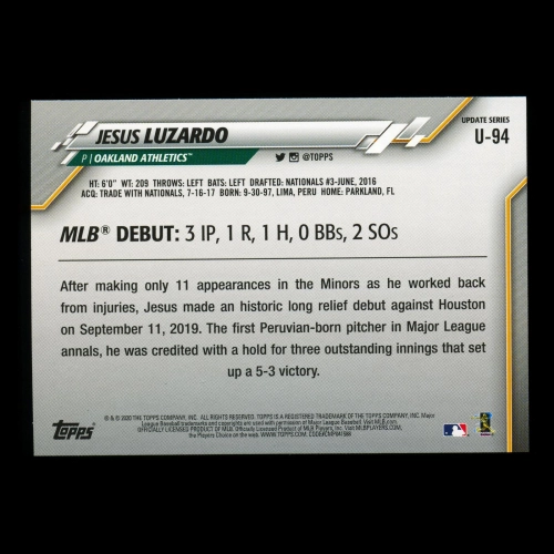 Jesus Luzardo RC 2020 Topps Rookie Athletics
