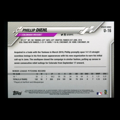 Phillip Diehl RC 2020 Topps Rookie Rockies