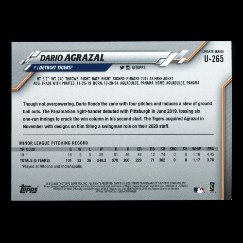Dario Agrazal RC 2020 Topps Rookie Tigers