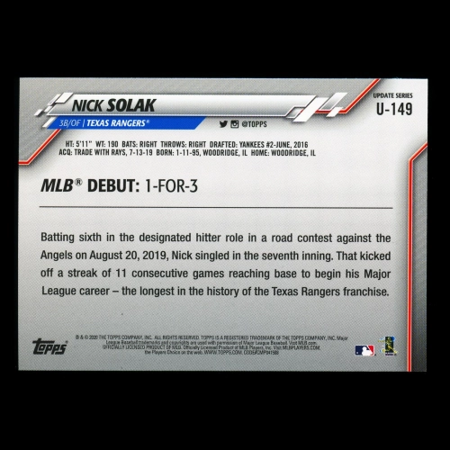 Nick Solak RC 2020 Topps Rookie Rangers