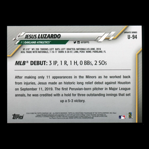 Jesus Luzardo RC 2020 Topps Rookie Athletics