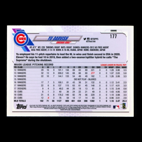 Yu Darvish 2021 Topps Chrome Silver Refractor Cubs