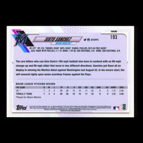 Sixto Sanchez RC 2021 Topps Chrome Rookie Marlins