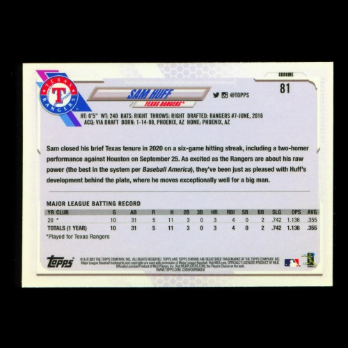 Sam Huff RC 2021 Topps Chrome Prism Refractor Rookie Rangers