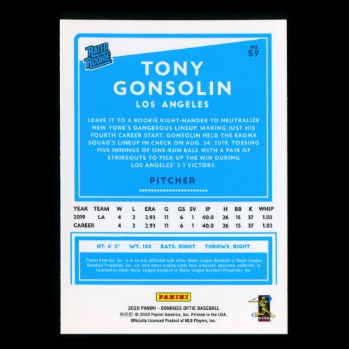 Tony Gonsolin RR 2020 Optic Rated Rookie Dodgers