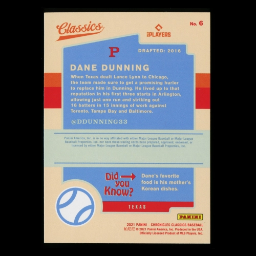 Dane Dunning RC 2021 Classics Rookie Rangers