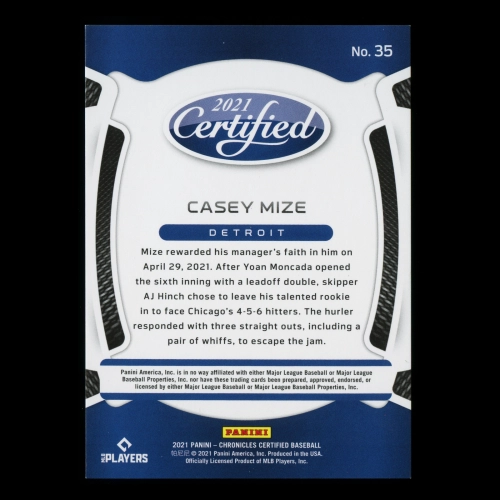 Casey Mize RC 2021 Certified Purple Rookie Tigers 10/49