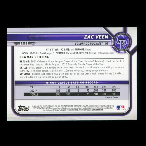 Zac Veen 2022 Bowman Prospects Rockies