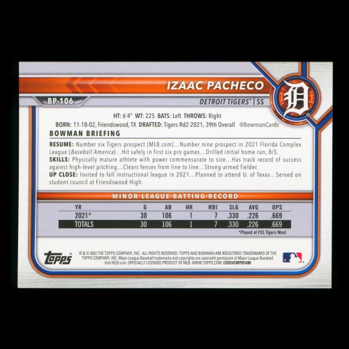 Izaac Pacheco 2022 Bowman Prospects Tigers