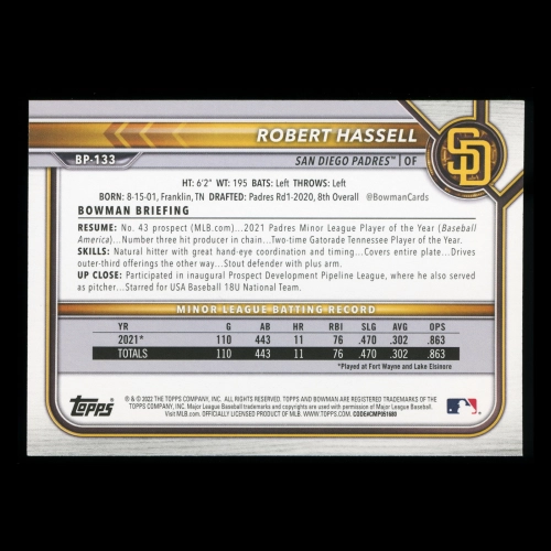 Robert Hassell 2022 Bowman Prospects Padres