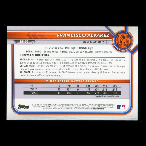 Francisco Alvarez 2022 Bowman Prospects Mets